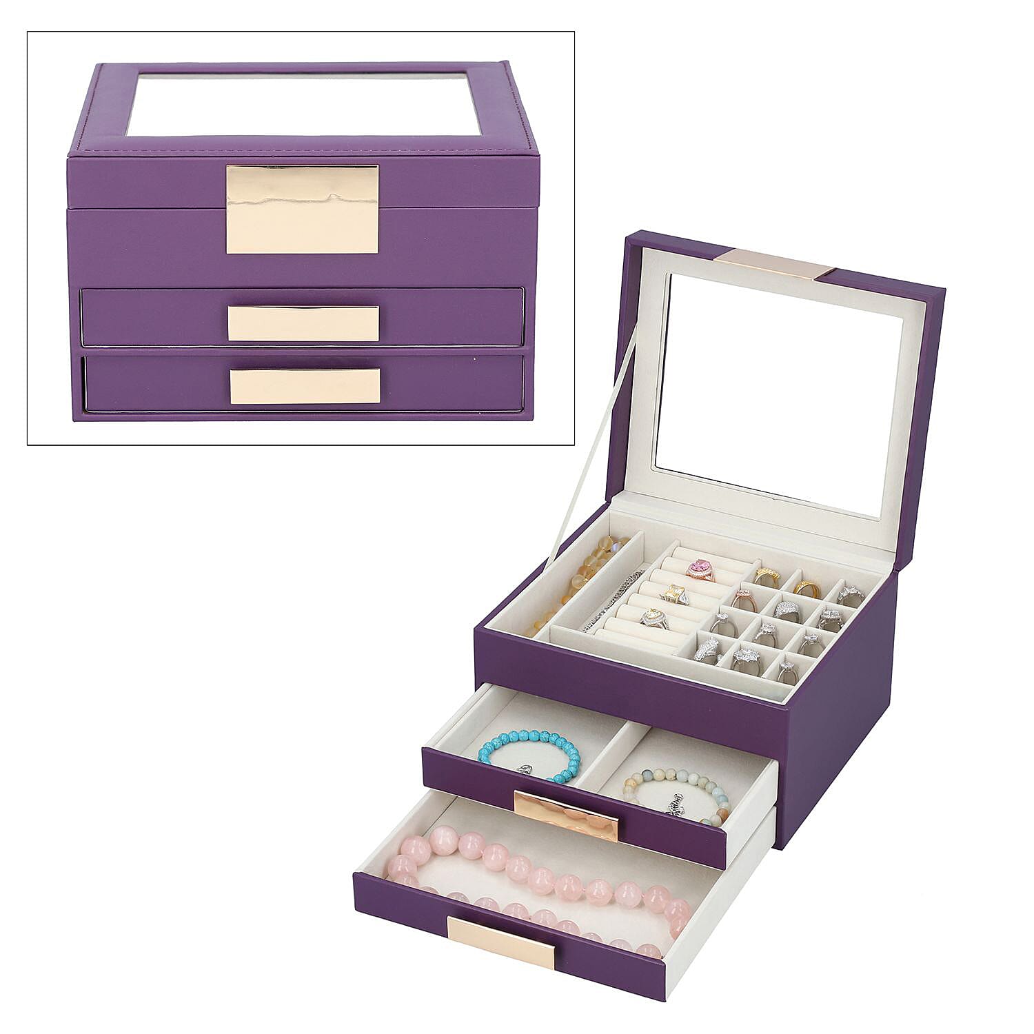 Three Layer Anti-Tarnish Jewellery Box with Transparent Glass Window at Top in Purple