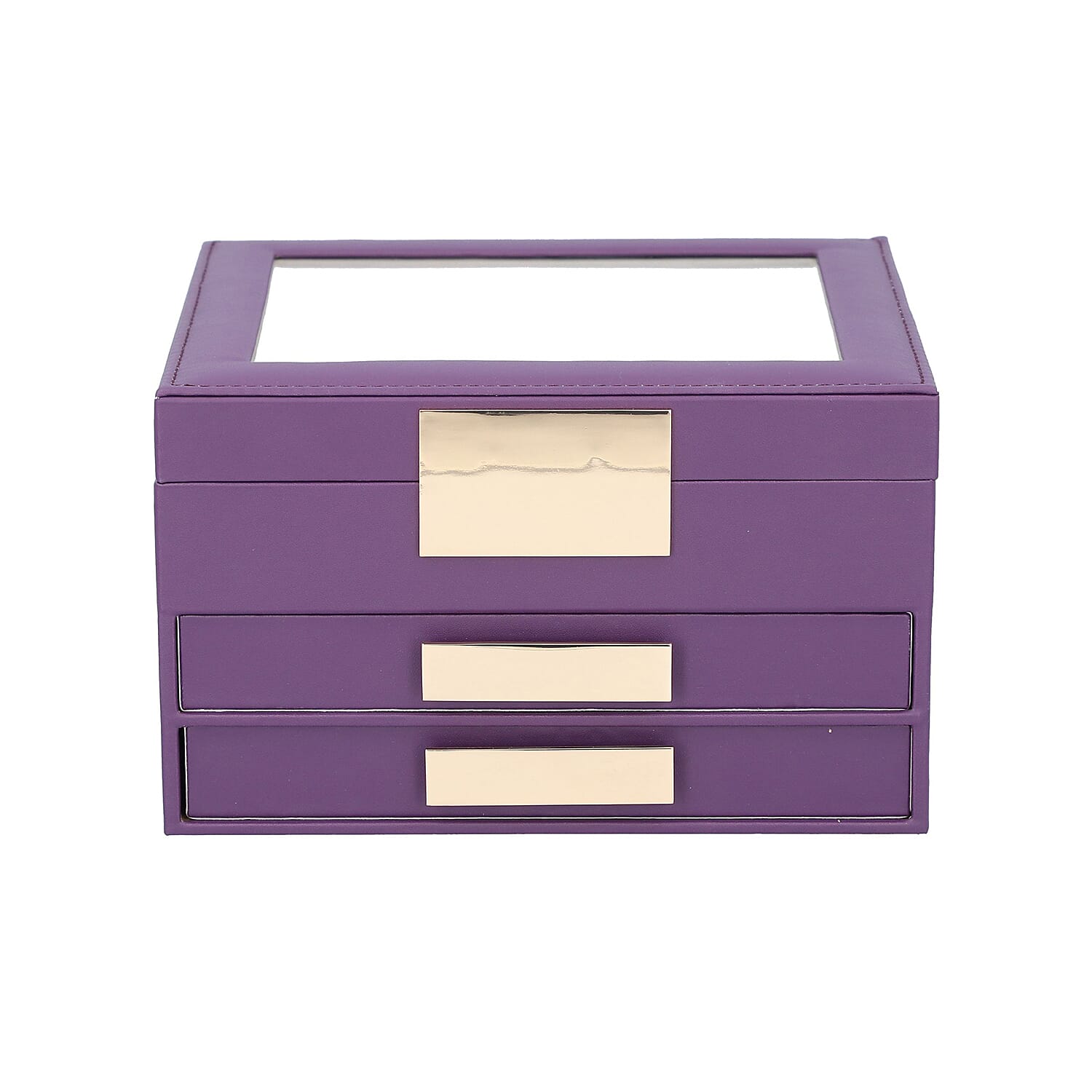 Three Layer Anti-Tarnish Jewellery Box with Transparent Glass Window at Top in Purple