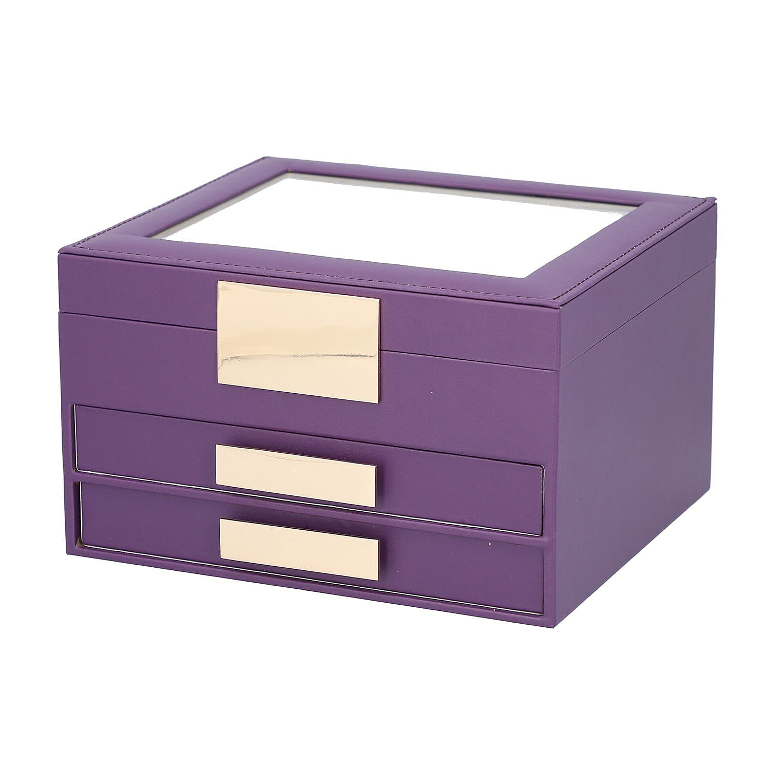 Three Layer Anti-Tarnish Jewellery Box with Transparent Glass Window at Top in Purple