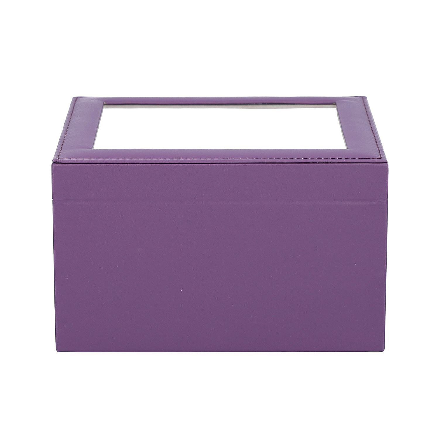 Three Layer Anti-Tarnish Jewellery Box with Transparent Glass Window at Top in Purple