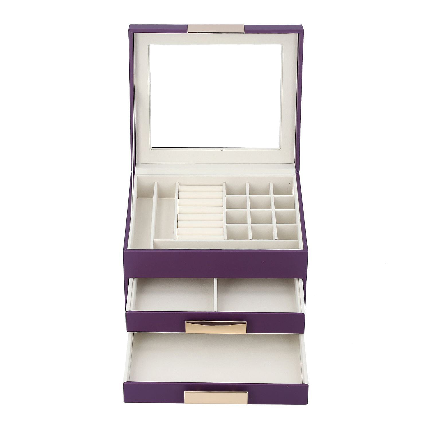 Three Layer Anti-Tarnish Jewellery Box with Transparent Glass Window at Top in Purple