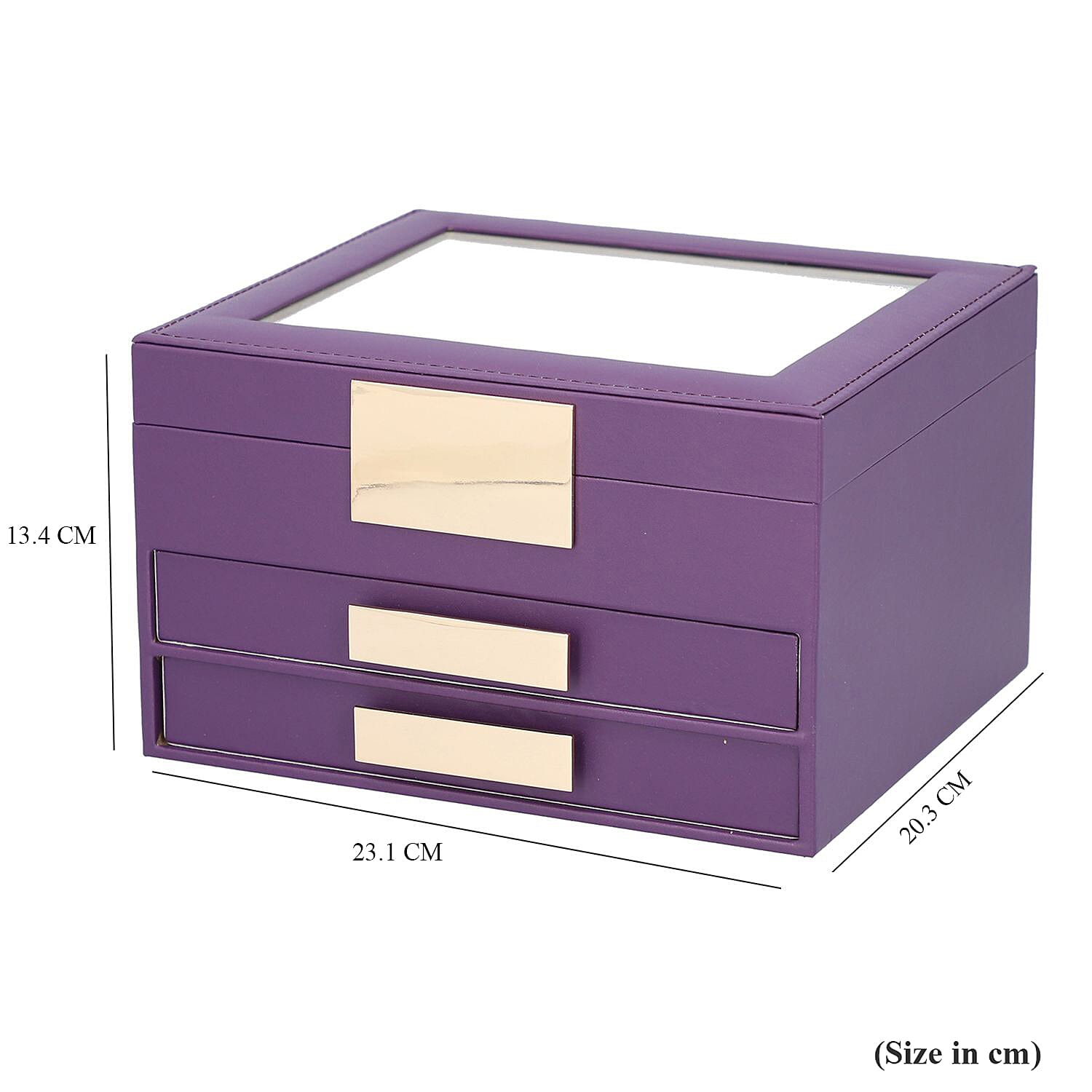 Three Layer Anti-Tarnish Jewellery Box with Transparent Glass Window at Top in Purple