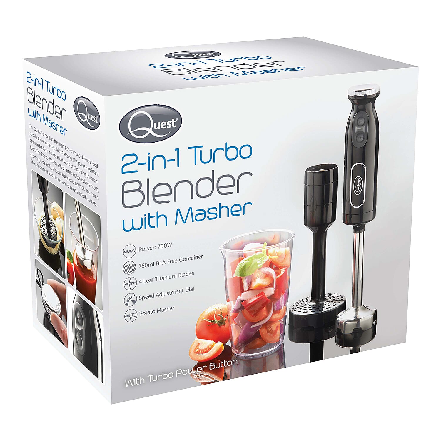 Quest- 2-in-1 Turbo Blender with Masher (700W, 4 Leaf) - Black