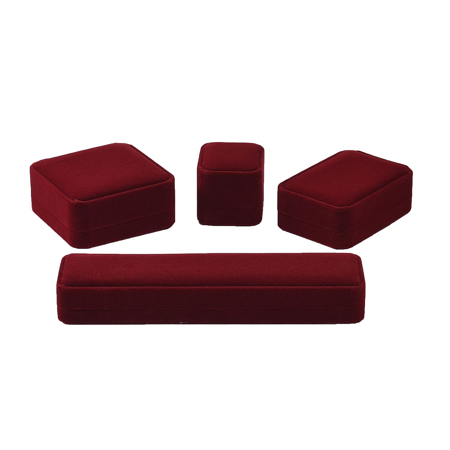 4 Piece Set - Velvet Jewellery Box (Inc. Ring Box, Pendant Box, Bracelet Box & Long Chain Box) - Wine Red