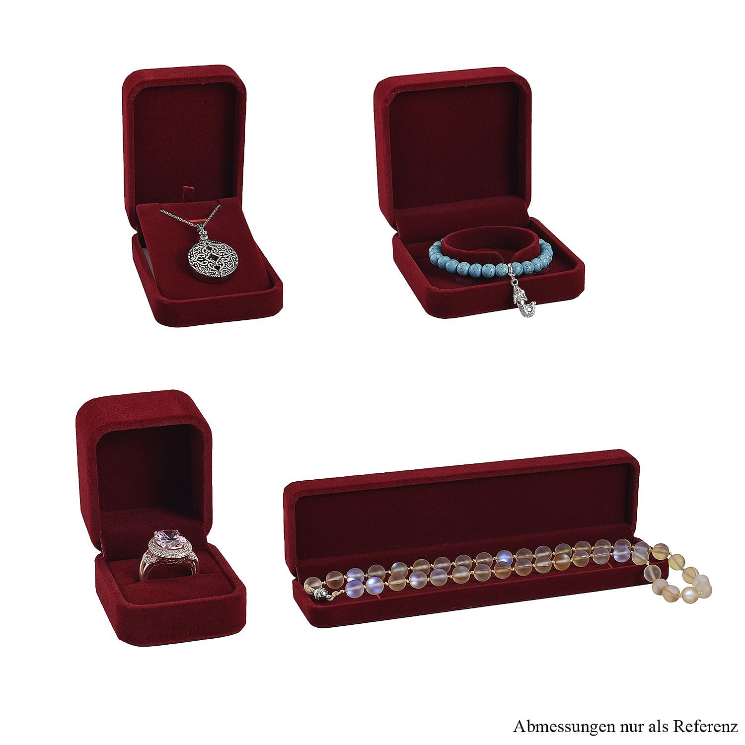 4 Piece Set - Velvet Jewellery Box (Inc. Ring Box, Pendant Box, Bracelet Box & Long Chain Box) - Wine Red