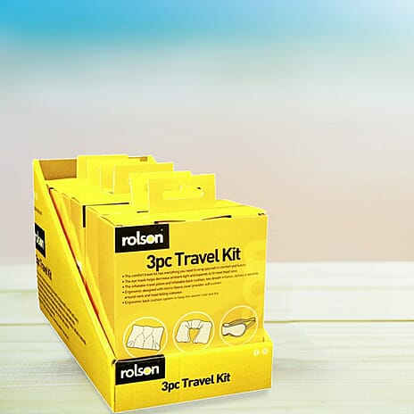 Rolson 3 Piece Travel Kit (Inc. Inflatable Neck Pillow, Back Cushion - Eye Mask)