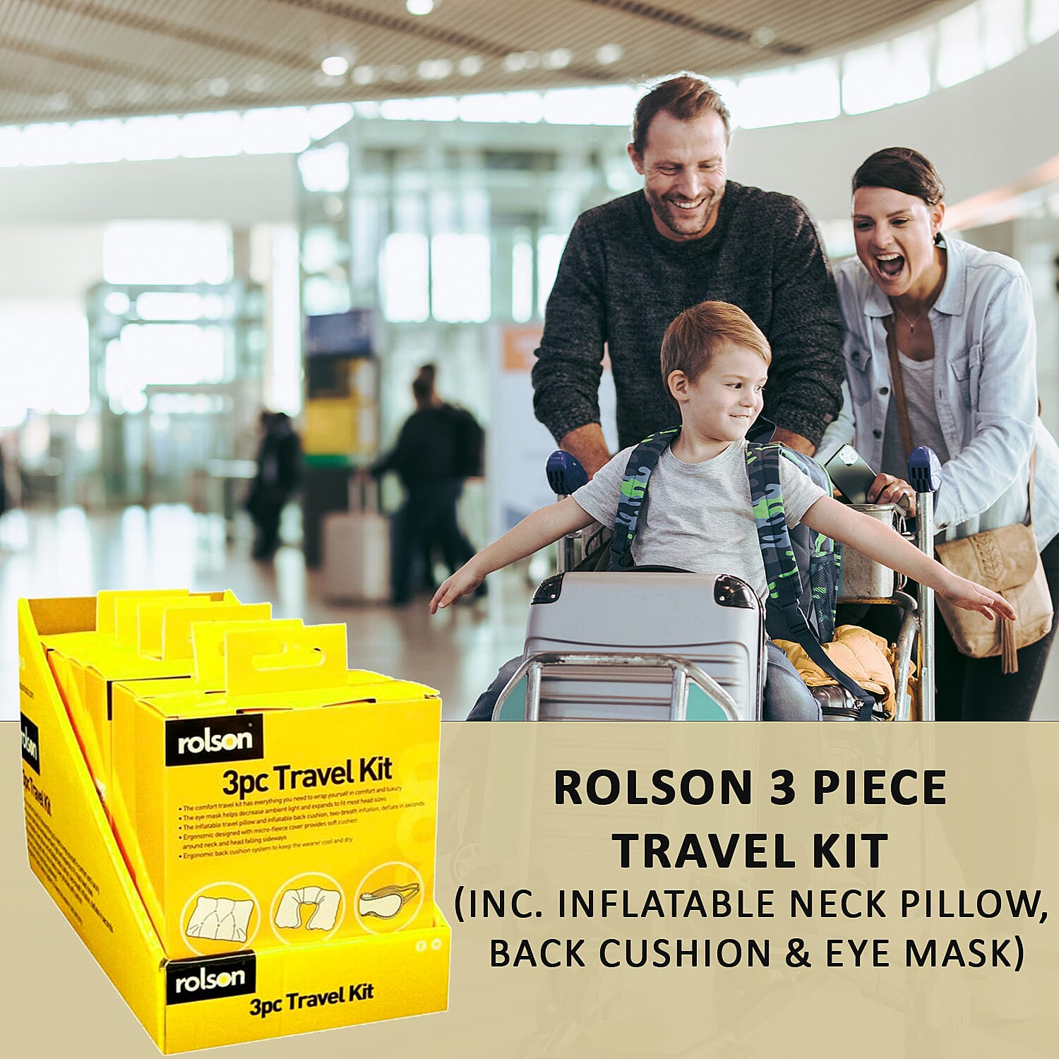 Rolson 3 Piece Travel Kit (Inc. Inflatable Neck Pillow, Back Cushion & Eye Mask)