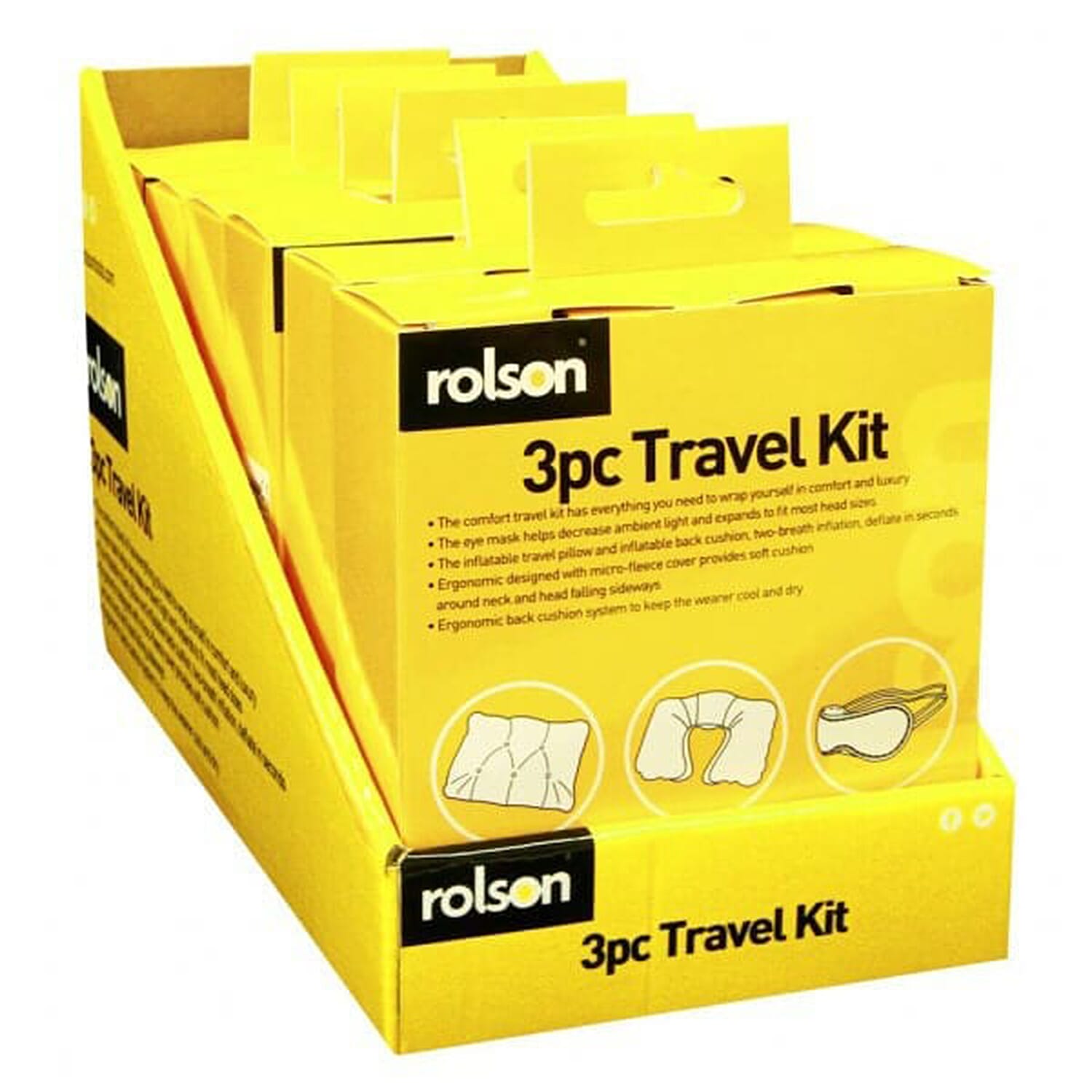 Rolson 3 Piece Travel Kit (Inc. Inflatable Neck Pillow, Back Cushion & Eye Mask)