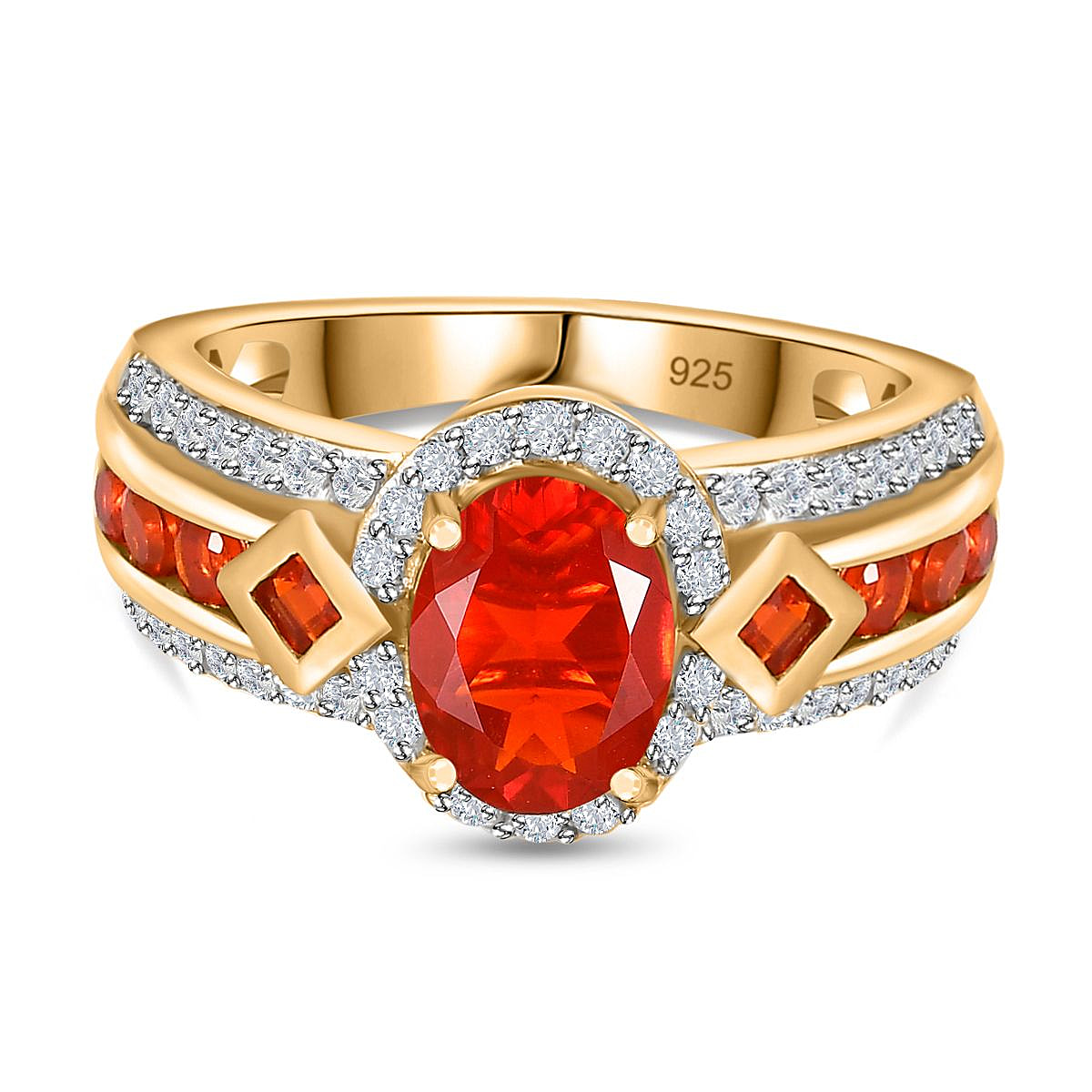 Fire Opal , White Zircon Ring in 18K Vermeil Yellow Gold Plated Sterling Silver 1.596 Ct.