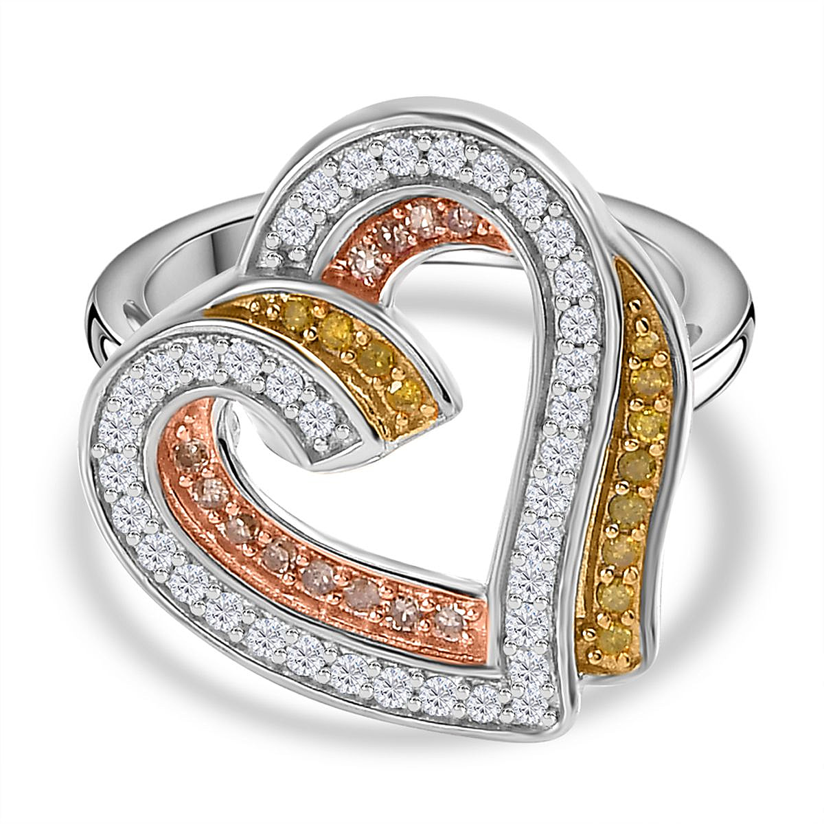 GP Amore Collection - White & Yellow Diamond Heart Ring in 18K Yellow, Rose Gold Vermeil & Platinum Plated Sterling Silver 0.50 Ct.