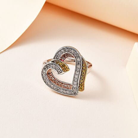 GP Amore Collection - White & Yellow Diamond Heart Ring in 18K Yellow, Rose Gold Vermeil & Platinum Plated Sterling Silver 0.50 Ct.