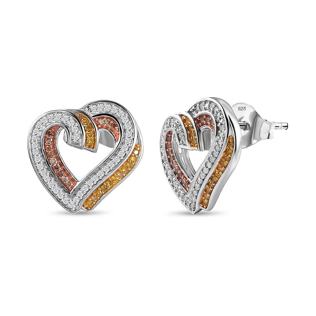 GP Amore Collection - Yellow & Champagne Diamond Heart Earrings  18K Yellow, Rose Gold Vermeil & Platinum Plated Sterling Silver 0.58 Ct