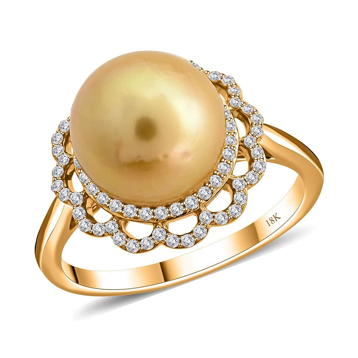 Certified & Appraised 18K Yellow Gold AAA South Sea Golden Pearl and (SI-GH) Diamond Ring 4.05 Grams.