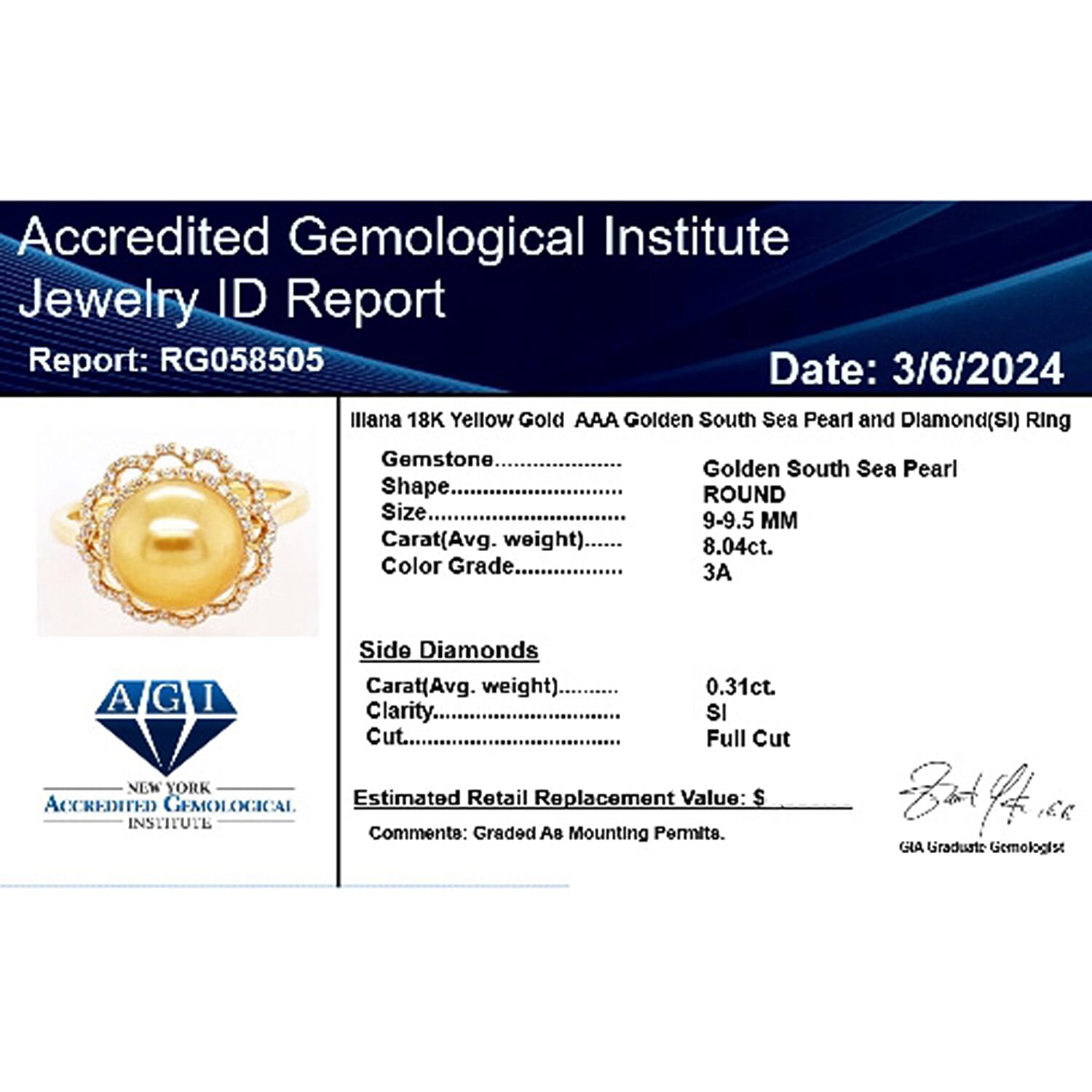 Certified & Appraised 18K Yellow Gold AAA South Sea Golden Pearl and (SI-GH) Diamond Ring 4.05 Grams.