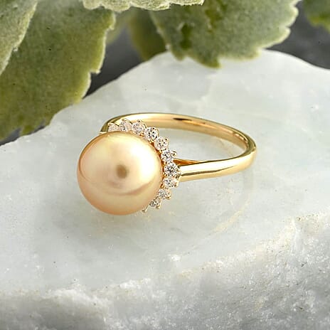 18K Yellow Gold  AAA   Golden South Sea Pearl ,  White Diamond  SI Ring 7.50 ct,  Gold Wt. 3.75 Gms  7.500  Ct.