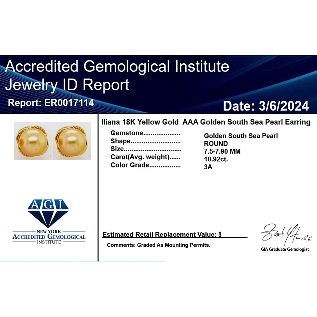 18K Yellow Gold AAA Golden South Sea Pearl AGI Certified Earring with Screw Back 10.92 Ct. 18K Yellow Gold AAA Golden South Sea Pearl AGI Certified Earring with Screw Back 10.92 Ct.