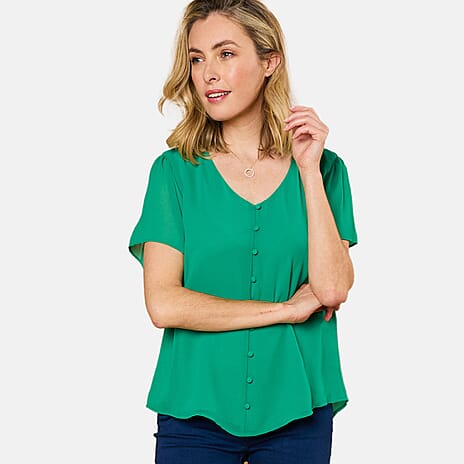 Emreco Angel Sleeve V-Neck Button Blouse (Size 12) - Emerald