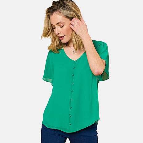 Emreco Angel Sleeve V-Neck Button Blouse (Size 12) - Emerald