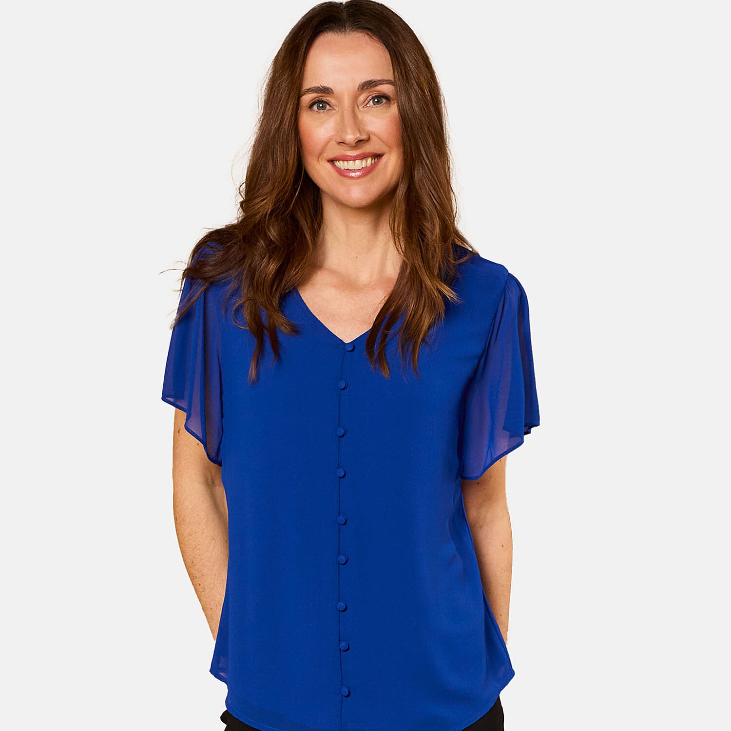 Emreco Angel Sleeve V-Neck Button Blouse (Size 18) - Royal Blue