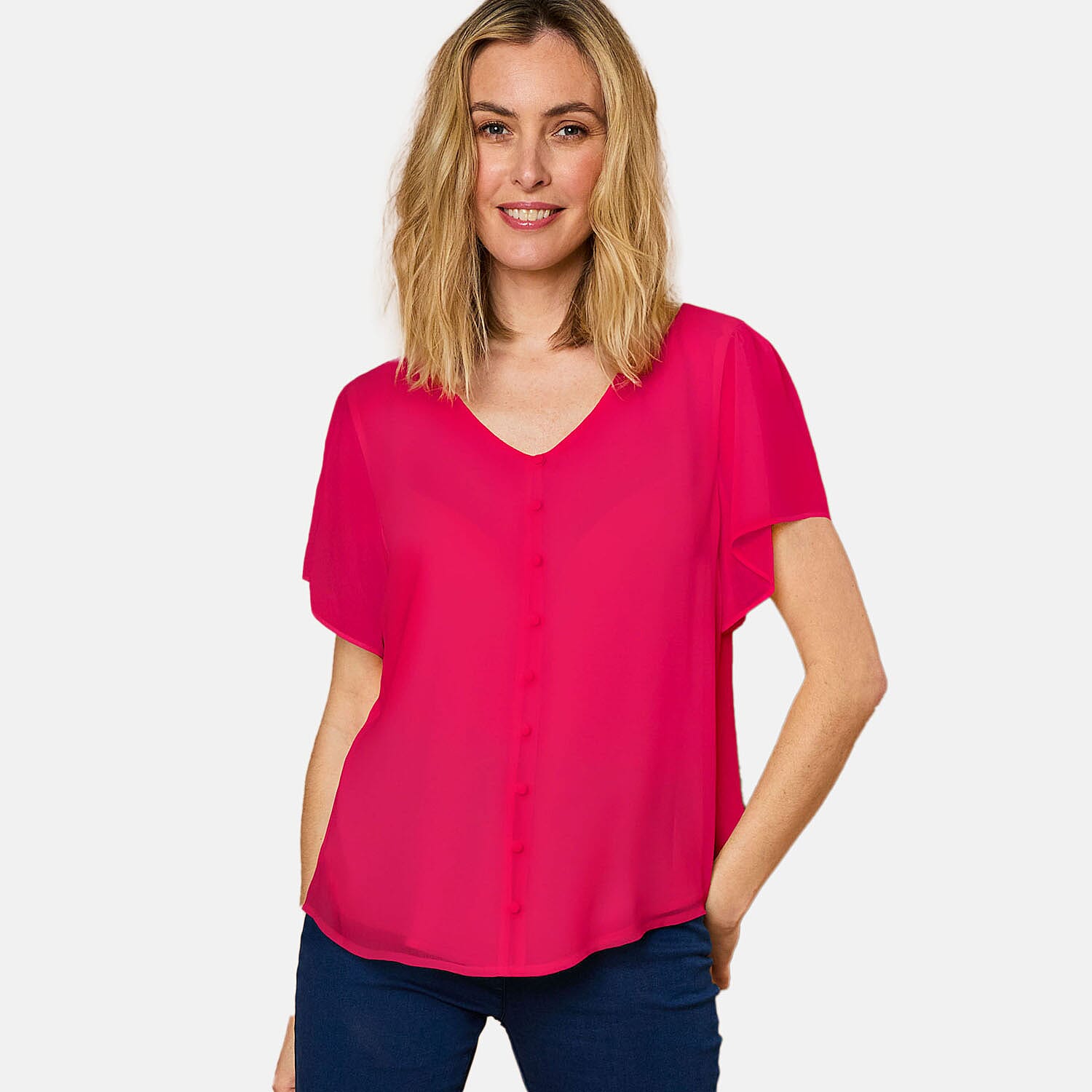 Emreco Angel Sleeve V-Neck Button Blouse (Size 8) - Hot Pink