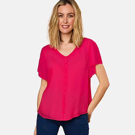 Emreco Angel Sleeve V-Neck Button Blouse (Size 12) - Hot Pink