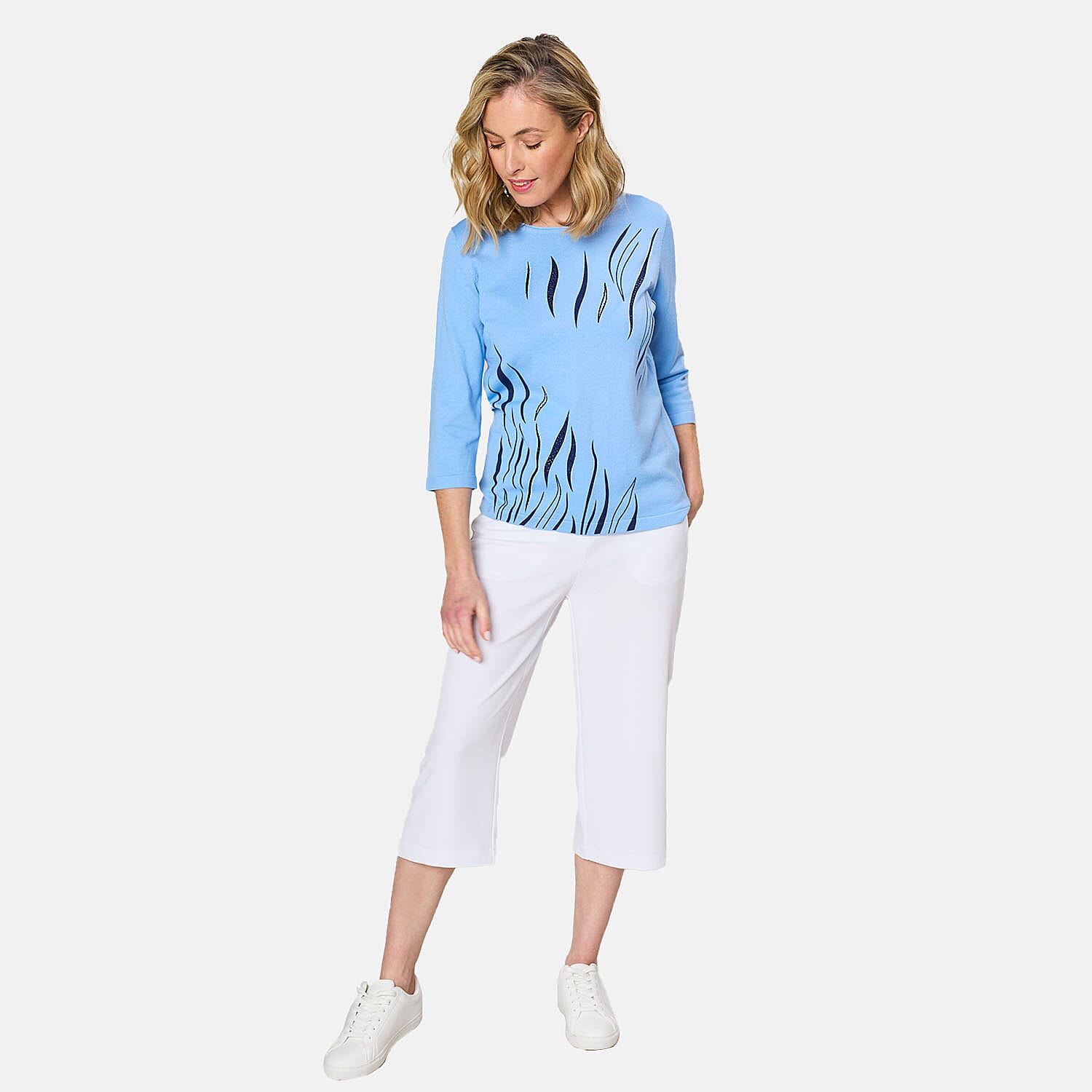 Emreco 3-4 Sleeve Zebra Stripe Jumper (Size S) - Blue