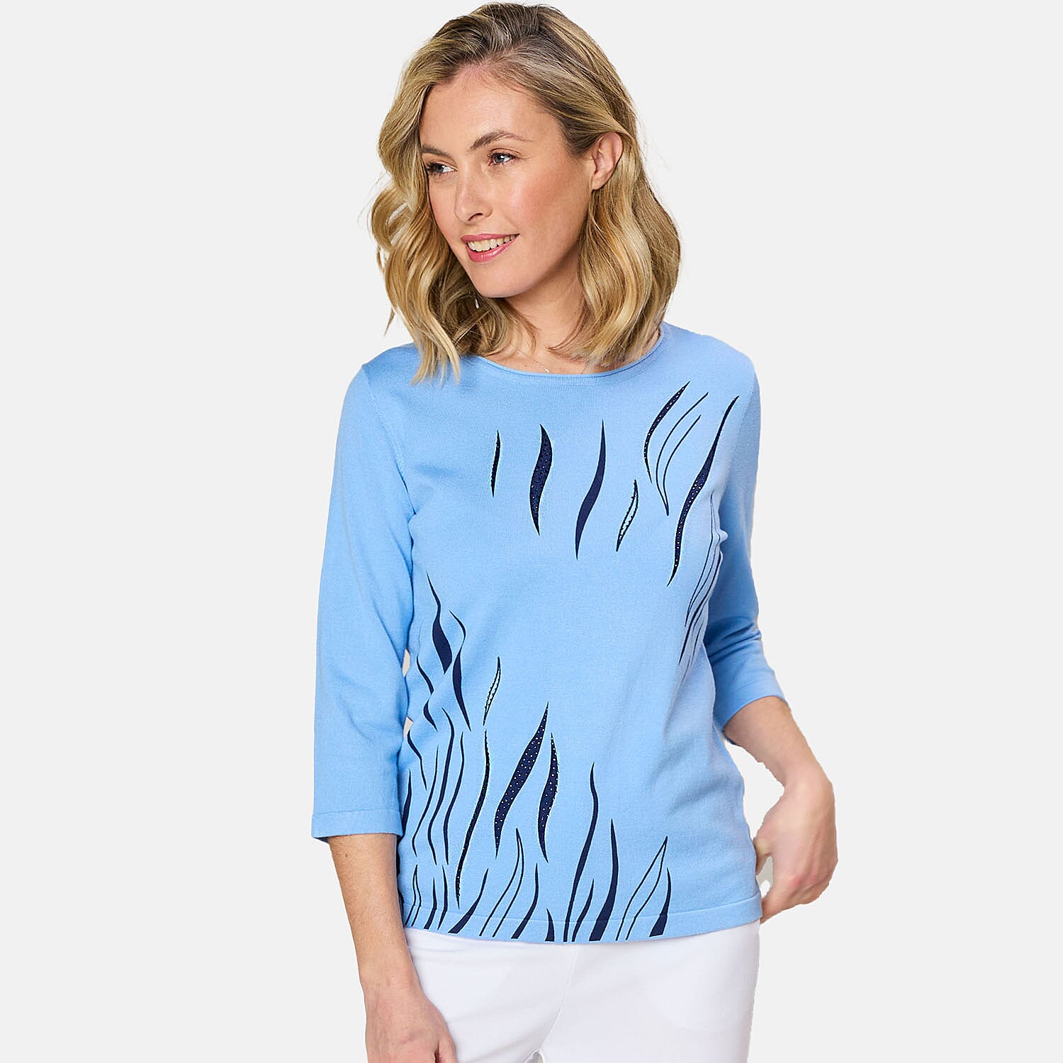 Emreco 3-4 Sleeve Zebra Stripe Jumper (Size S) - Blue