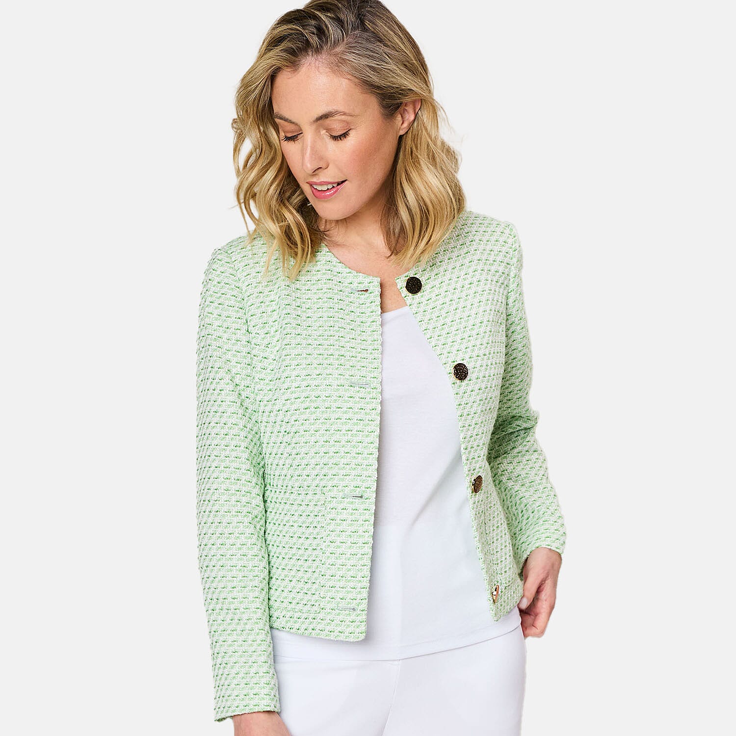 Emreco Round Neck Boucle Cropped Jacket (Size 12) - Green