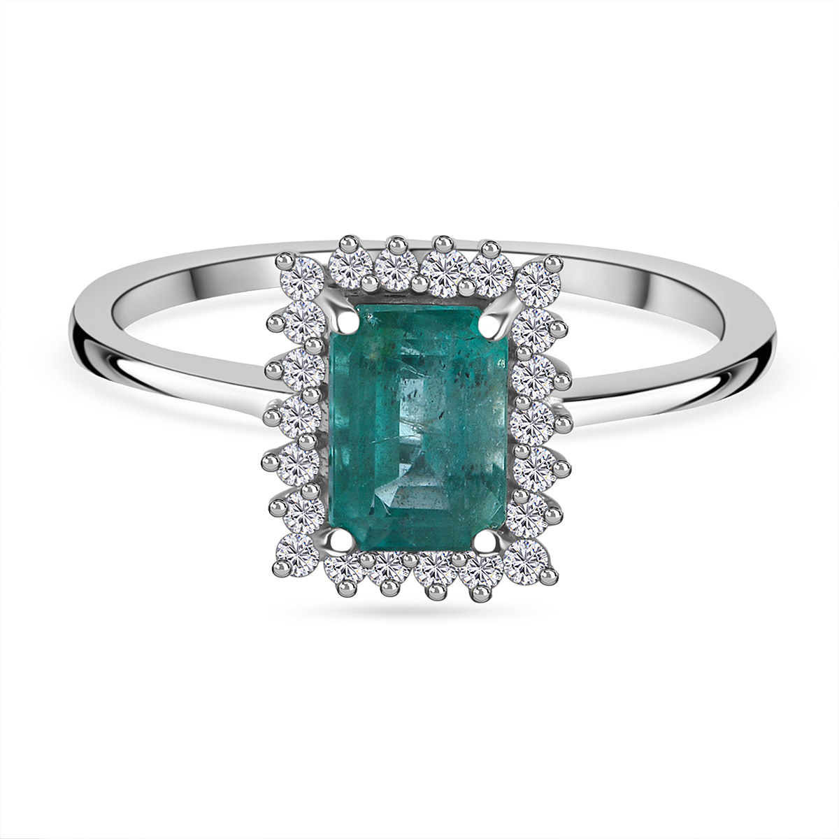 Glenstones - AAA Zambian Emerald and Diamond Halo Ring in Rhodium Overlay Sterling Silver 1.16 Ct.