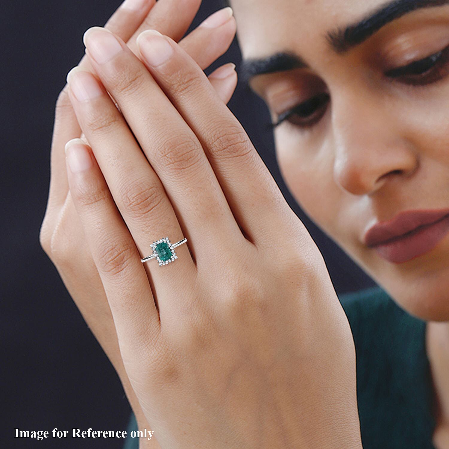 AAA Zambian Emerald & Diamond Ring in Rhodium Overlay Sterling Silver 1.16 Ct.