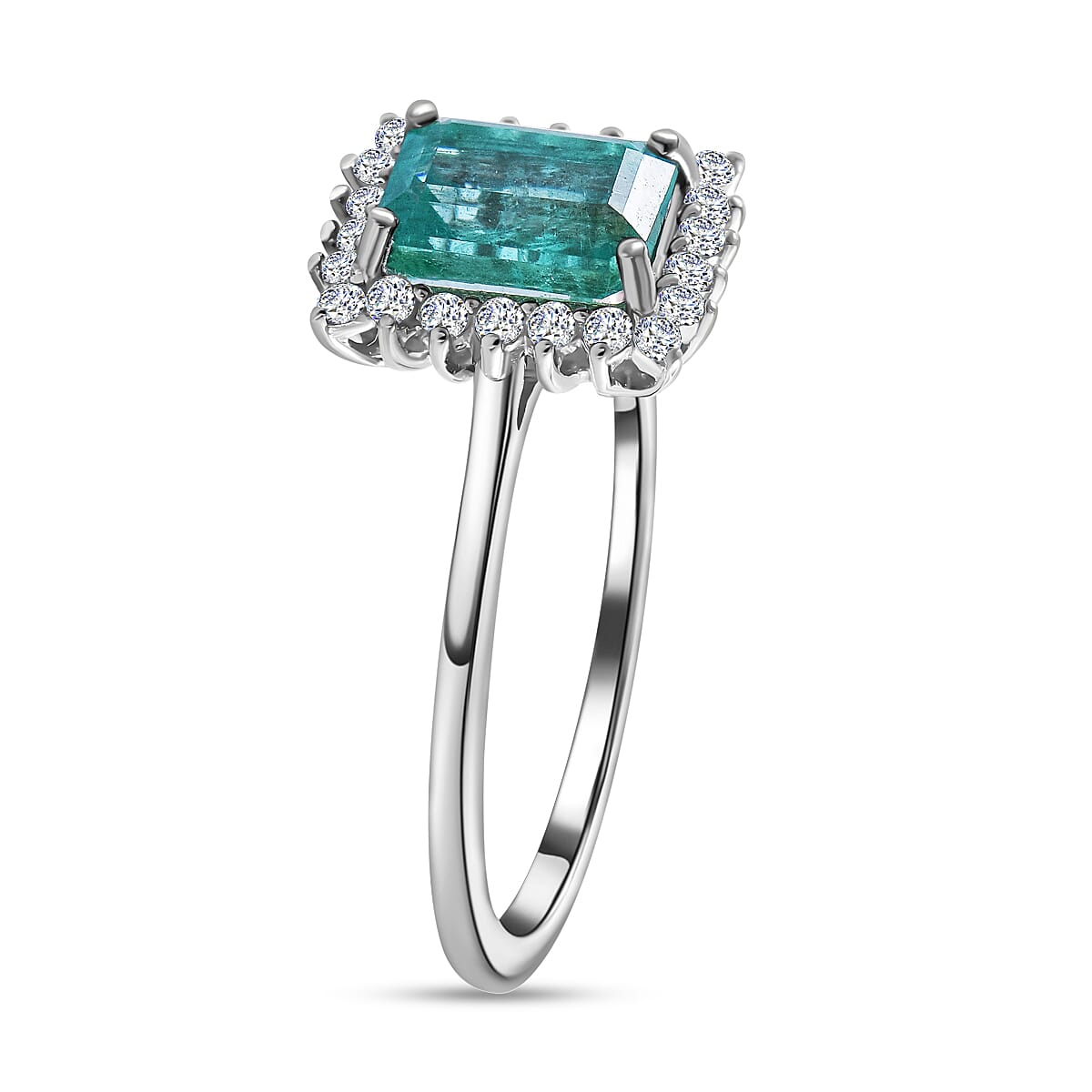 AAA Zambian Emerald & Diamond Ring in Rhodium Overlay Sterling Silver 1.16 Ct.