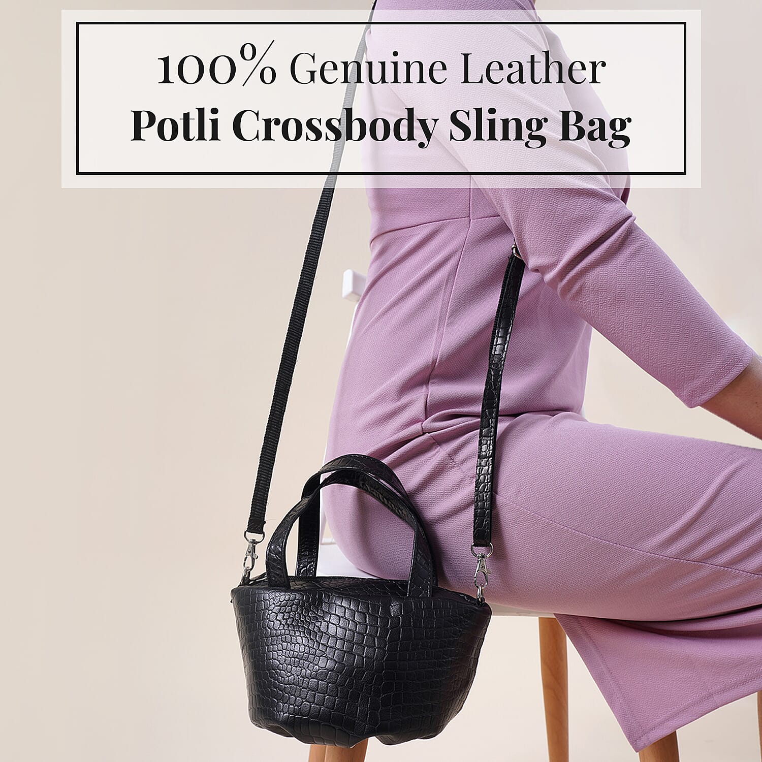 100% Genuine Leather Potli Crossbody Sling Bag - Black