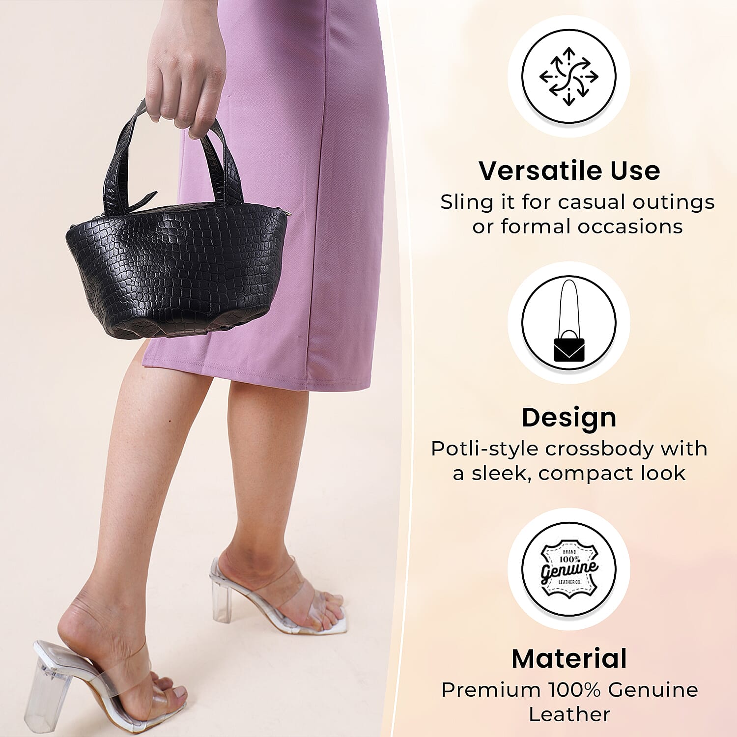 100% Genuine Leather Potli Crossbody Sling Bag - Black