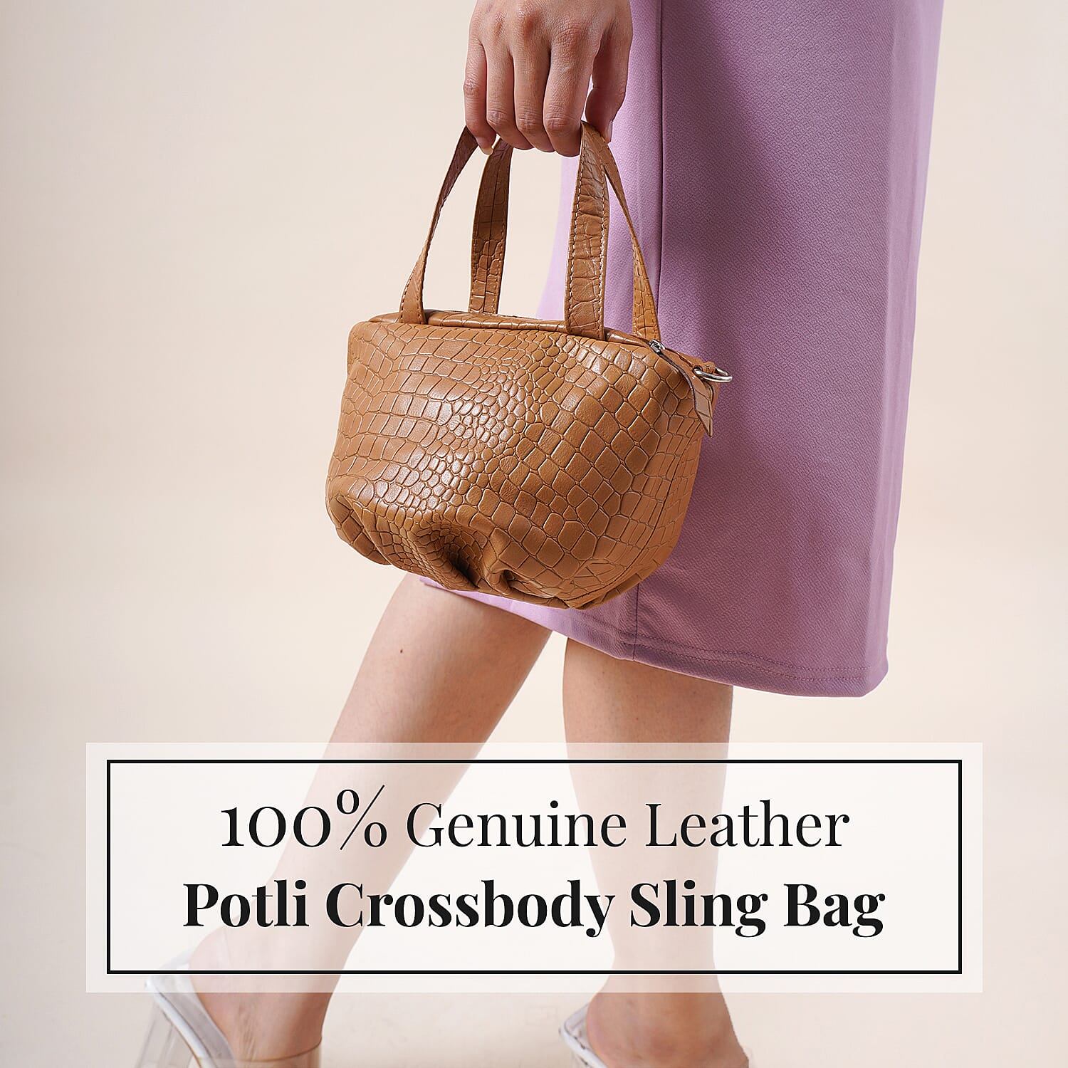 100% Genuine Leather Potli Crossbody Sling Bag - Tan
