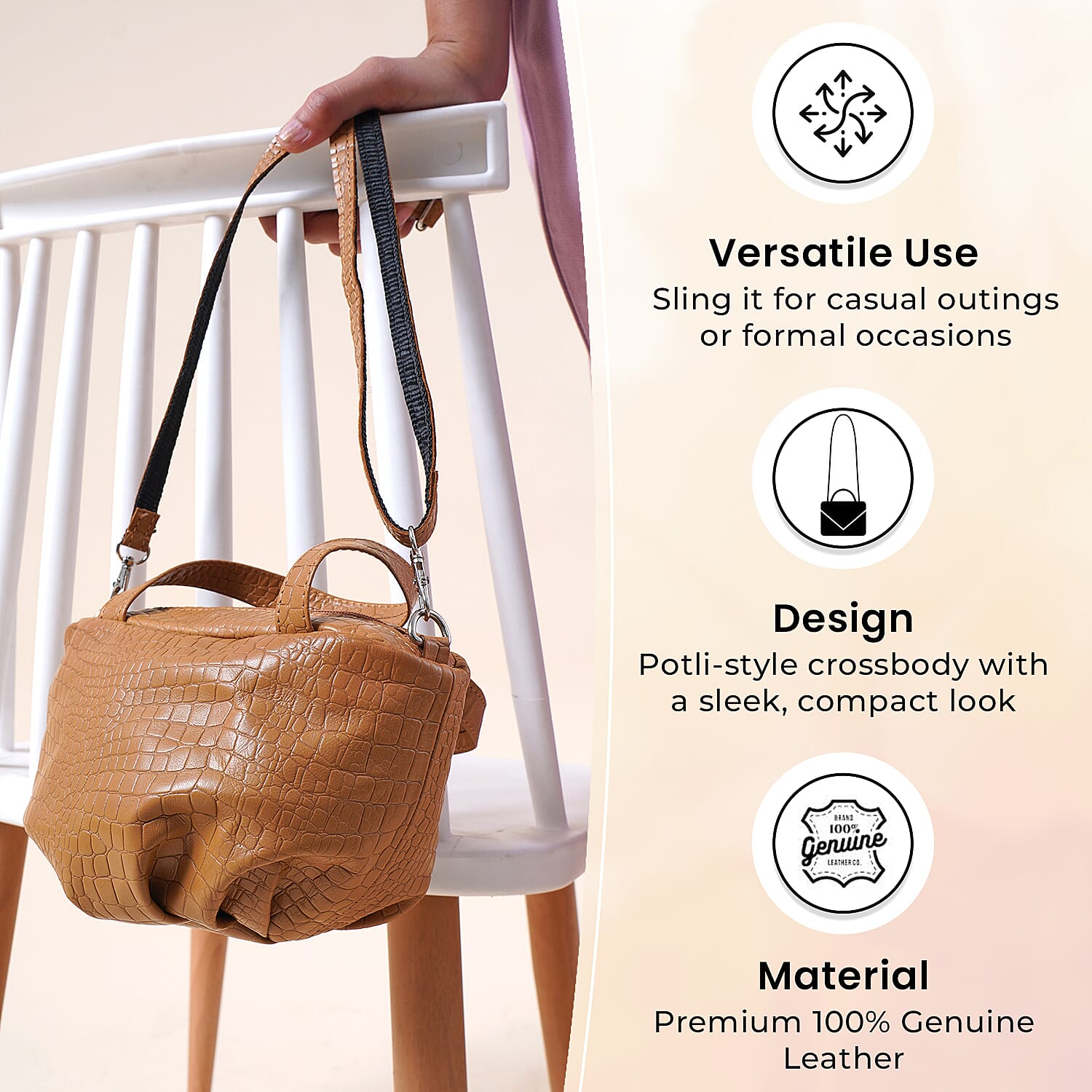 100% Genuine Leather Potli Crossbody Sling Bag - Tan