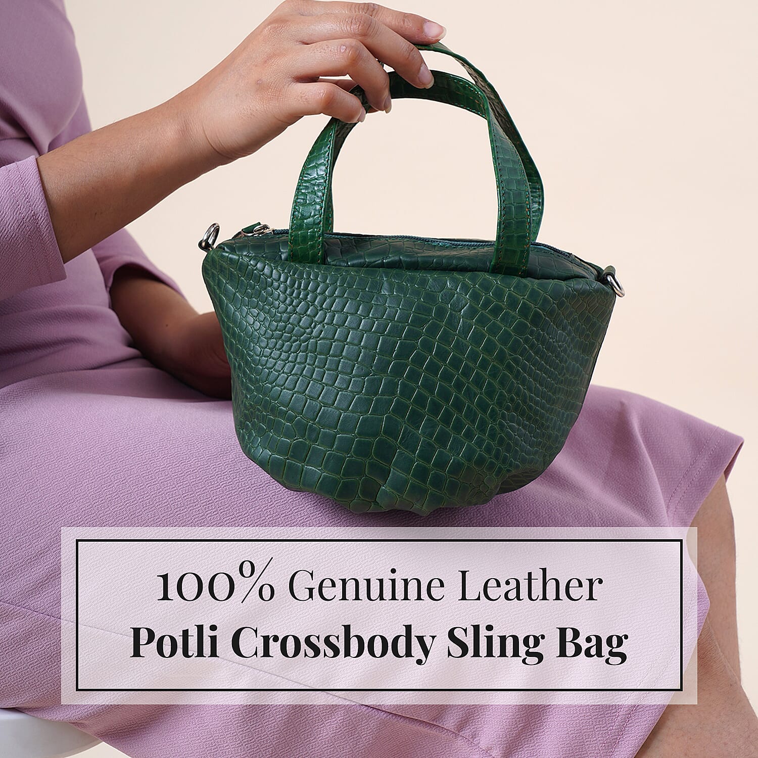 100% Genuine Leather Potli Crossbody Sling Bag - Olive Green