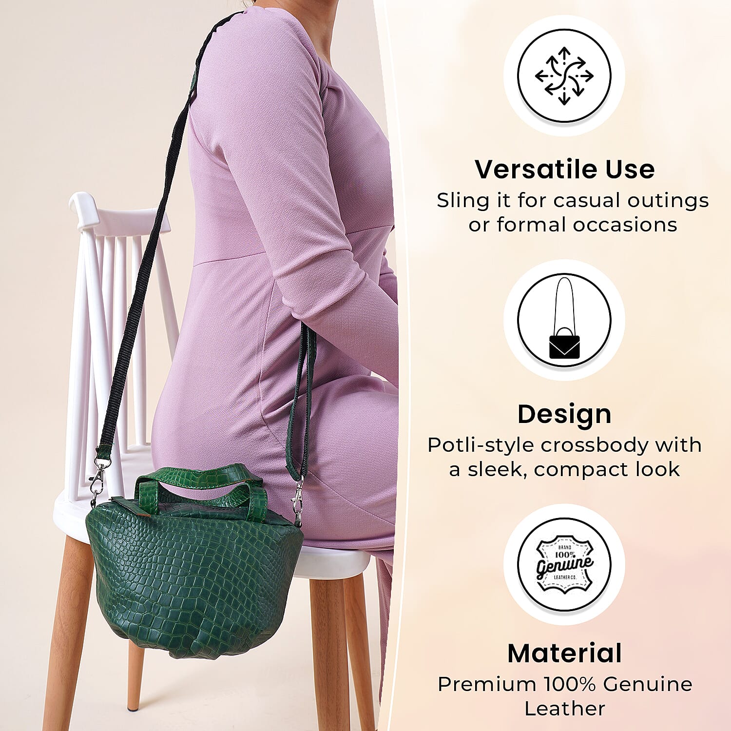 100% Genuine Leather Potli Crossbody Sling Bag - Olive Green