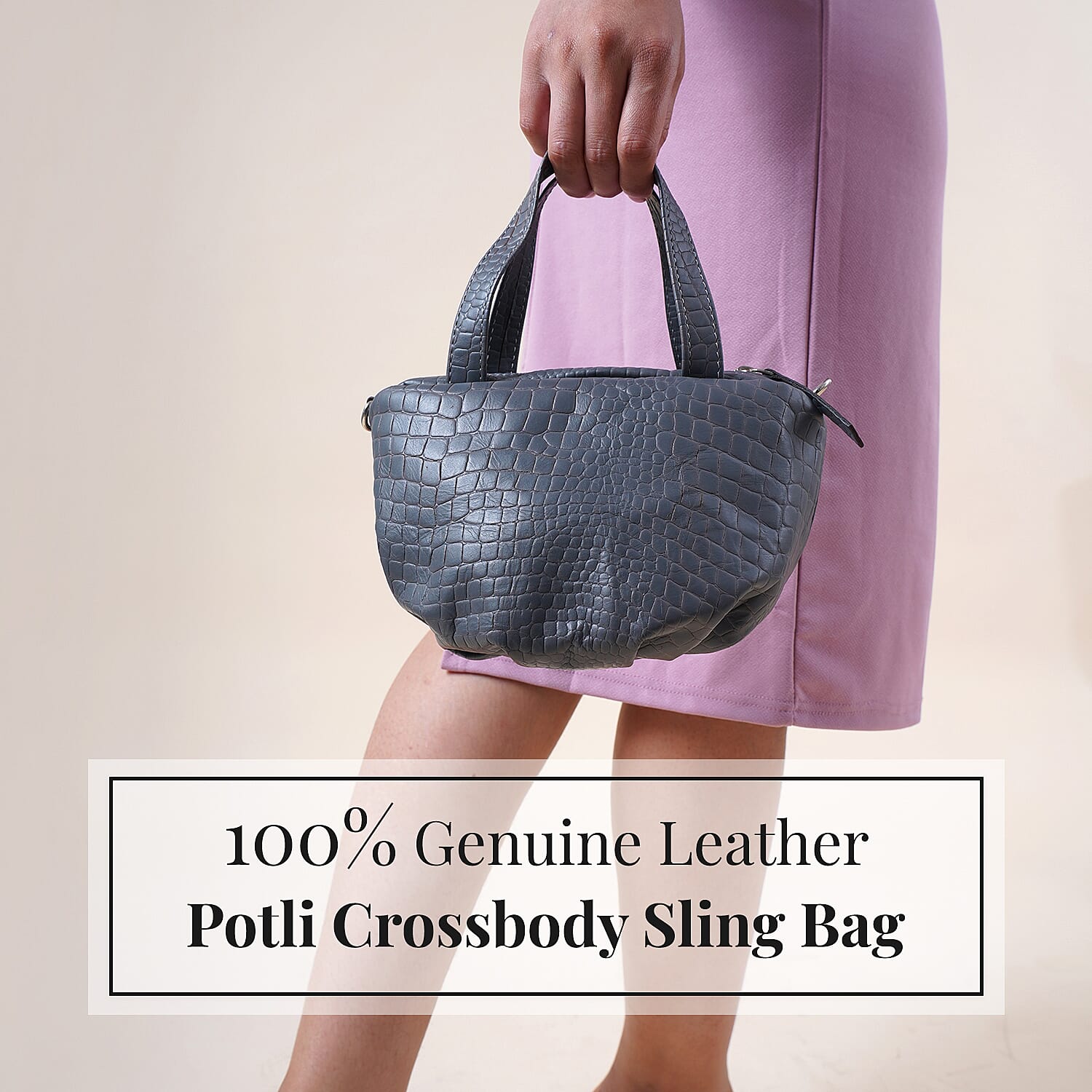 100% Genuine Leather Potli Crossbody Sling Bag - Grey