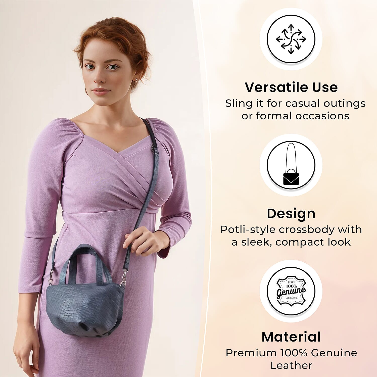 100% Genuine Leather Potli Crossbody Sling Bag - Grey