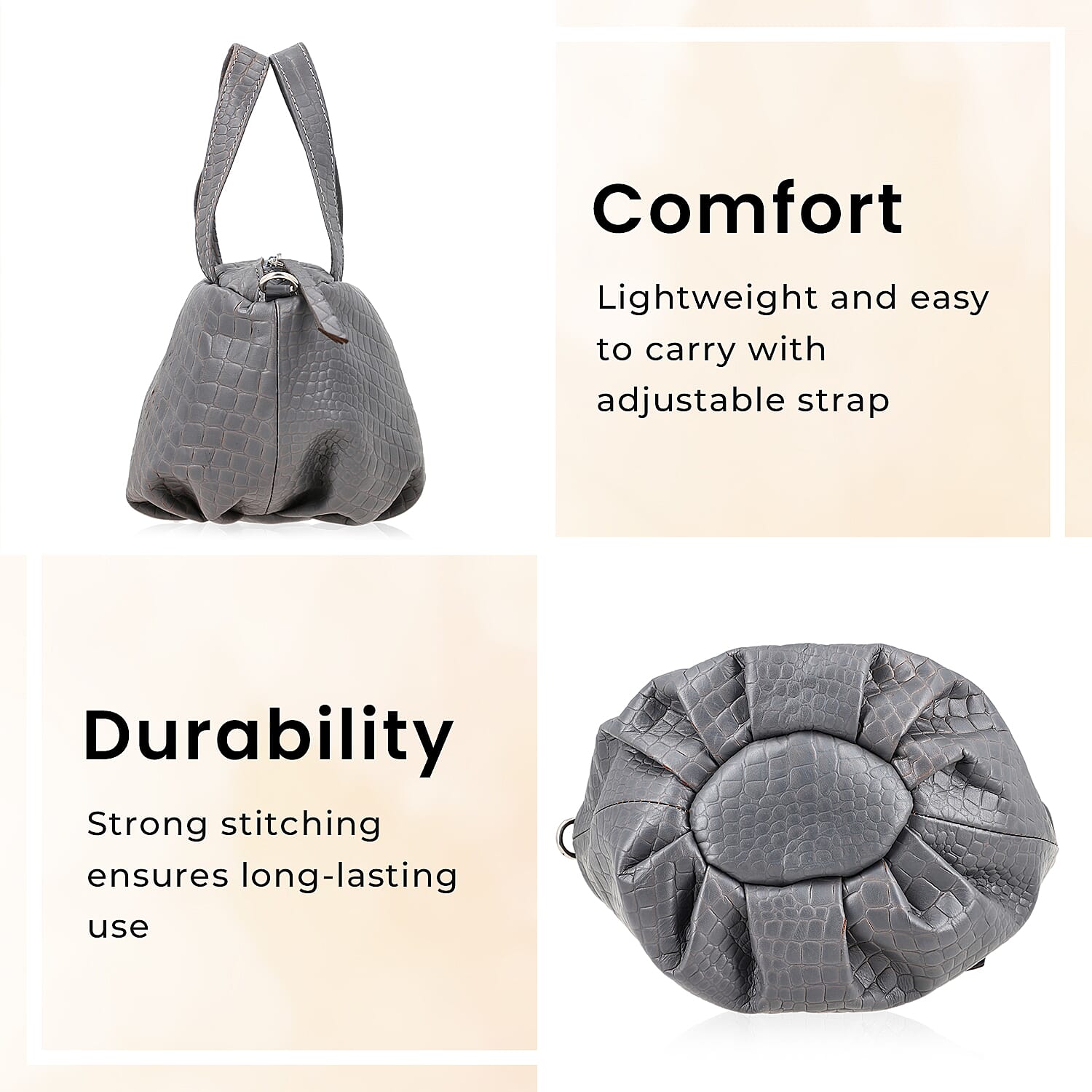 100% Genuine Leather Potli Crossbody Sling Bag - Grey