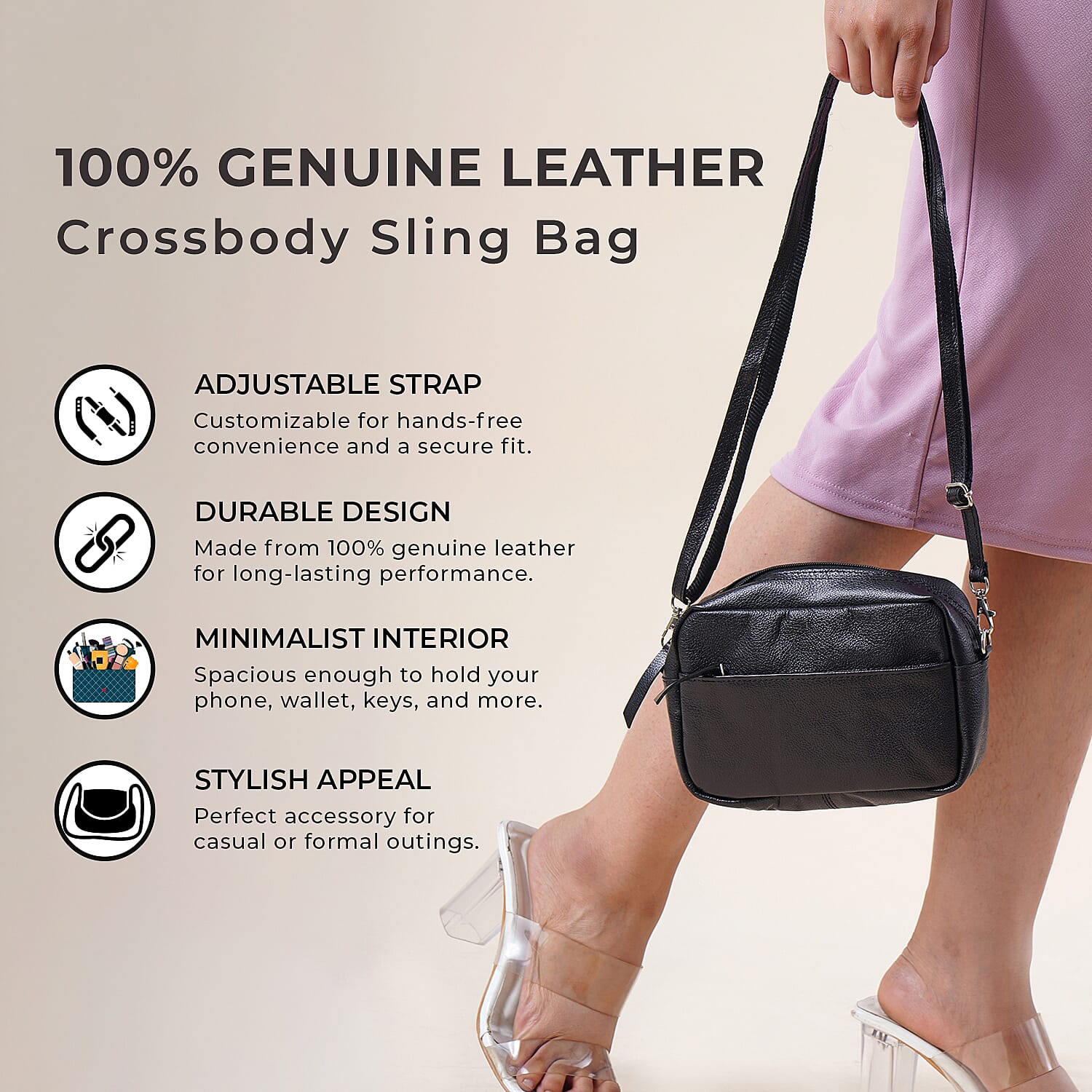 100% Genuine Leather Crossbody Sling Bag - Black