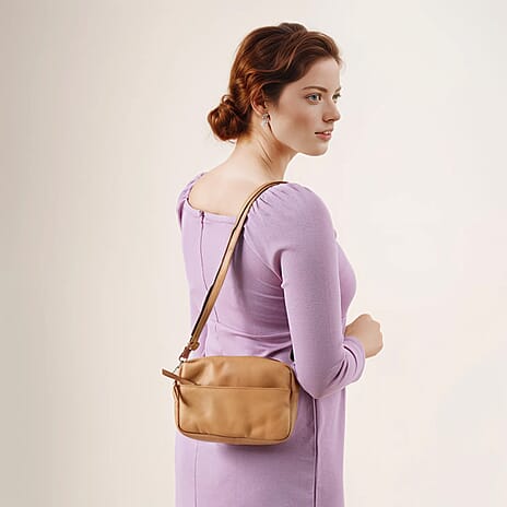 One Time Closeout - Genuine Leather  Crossbody Bag (Size 20x5x12 cm) - Tan