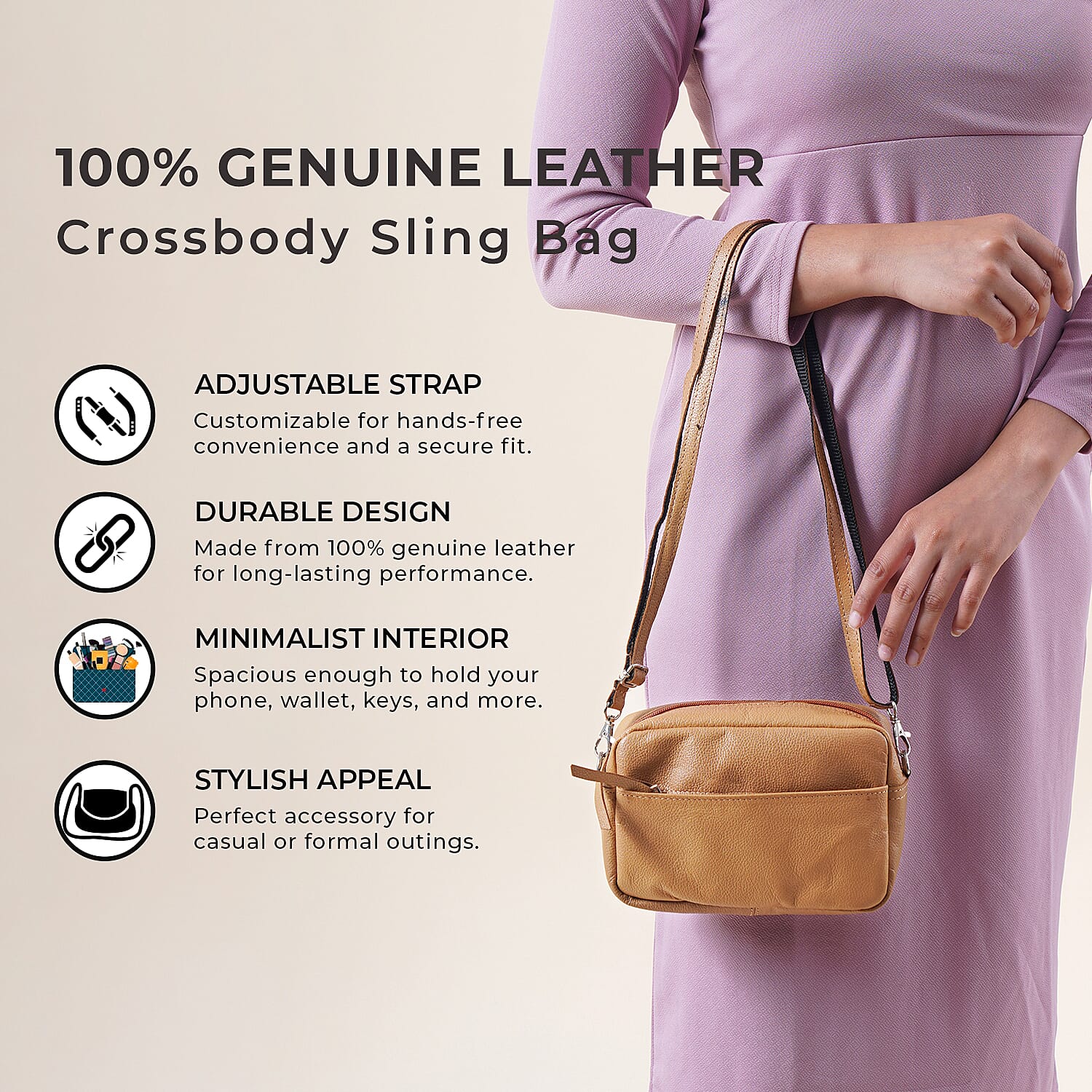 100% Genuine Leather Crossbody Sling Bag - Tan