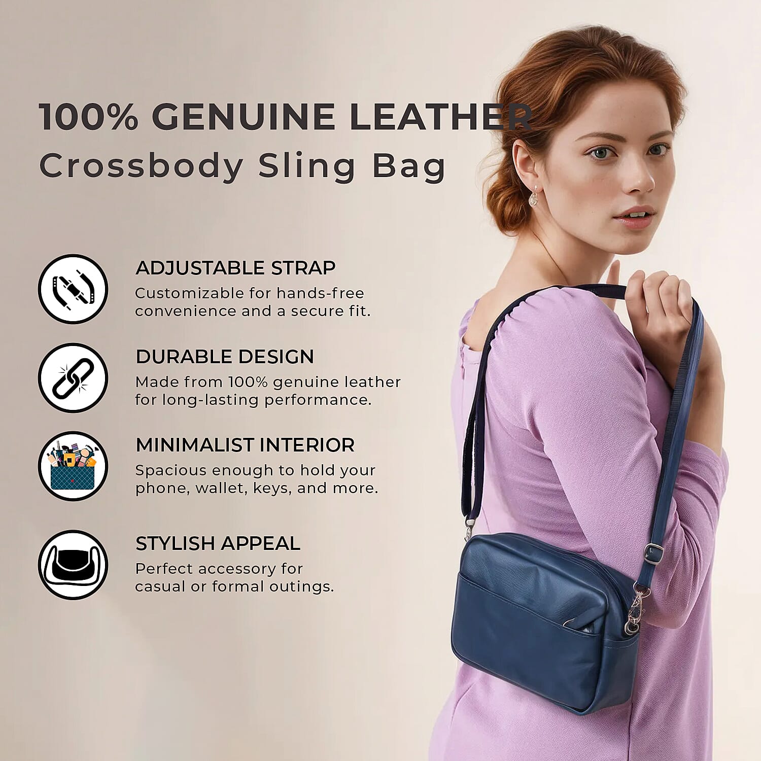 100% Genuine Leather Crossbody Sling Bag - Blue