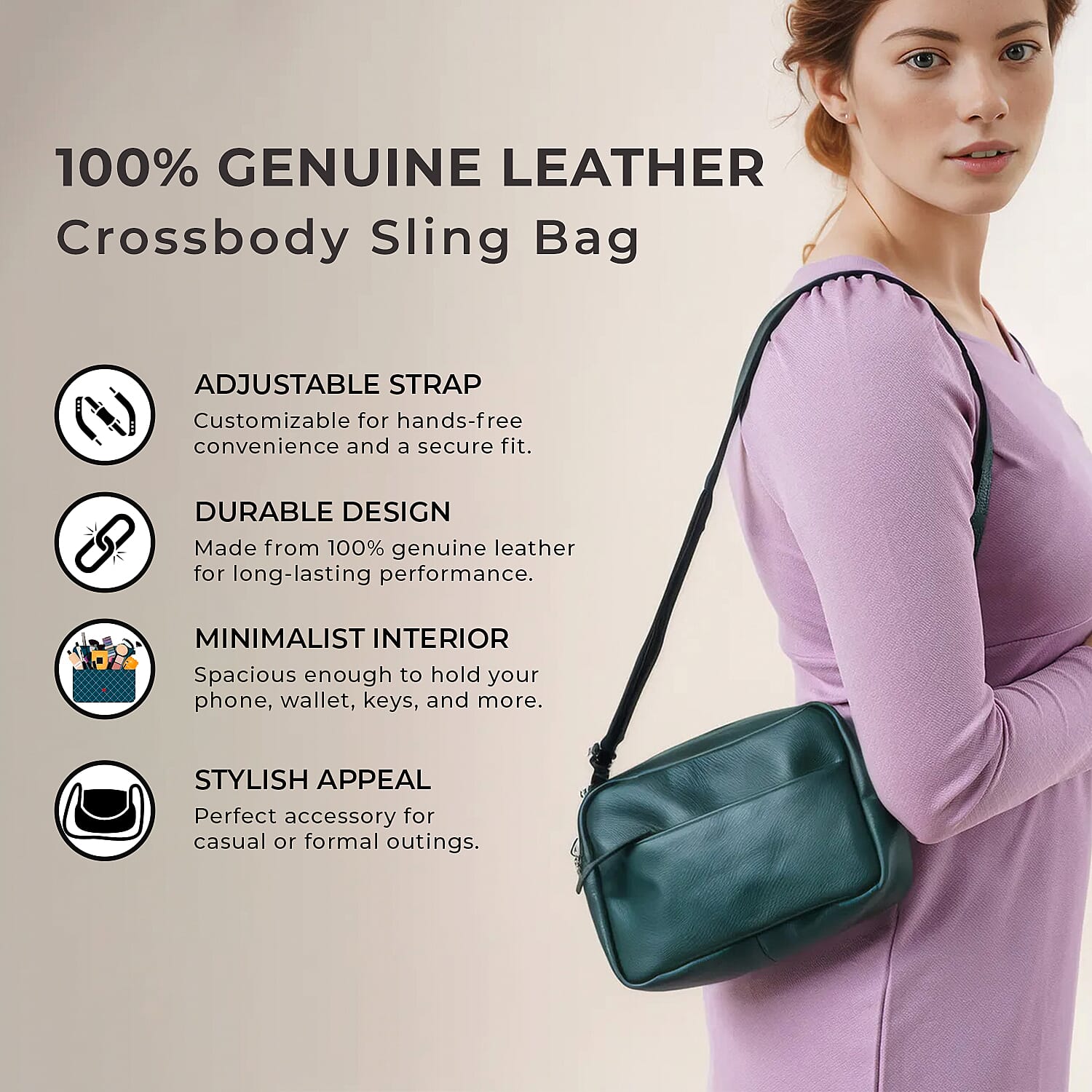 100% Genuine Leather Crossbody Sling Bag - Olive Green