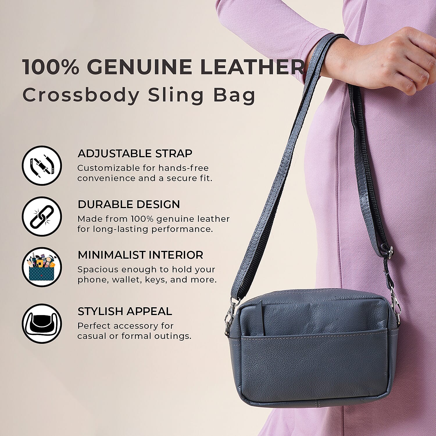 100% Genuine Leather Crossbody Sling Bag - Grey