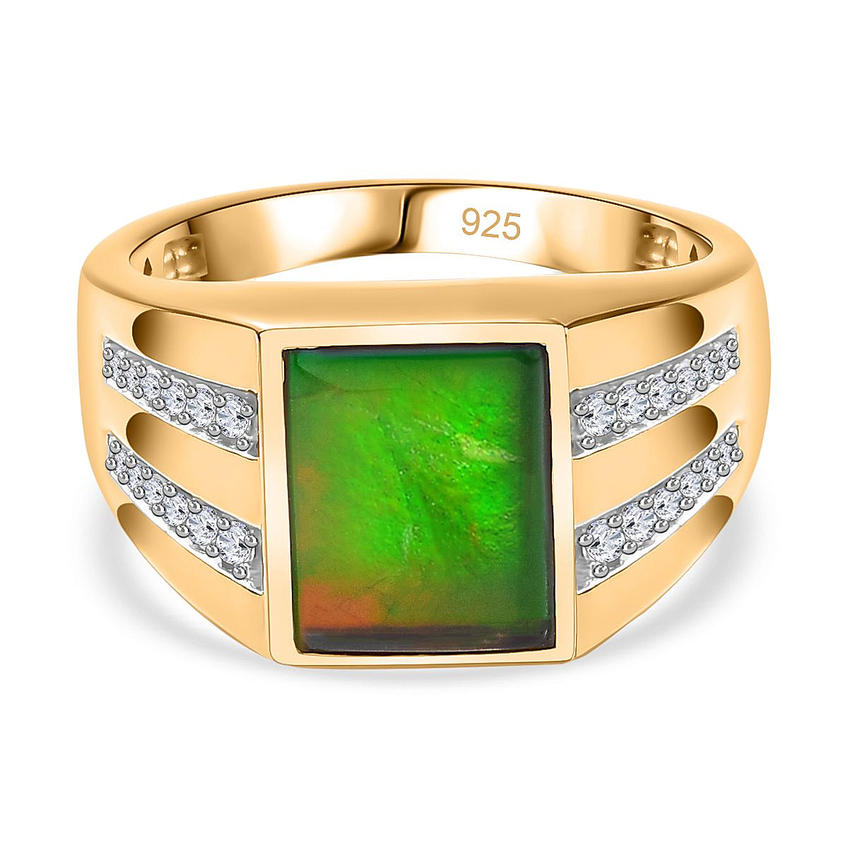 The Rare Find - Ammolite & Natural Zircon Ring in 18K Vermeil YG Plated Sterling Silver 2.73 Ct, Silver Wt. 6.72 Gms