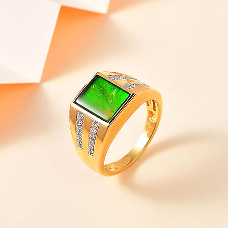 The Rare Find - Ammolite & Natural Zircon Ring in 18K Vermeil YG Plated Sterling Silver 2.73 Ct, Silver Wt. 6.72 Gms
