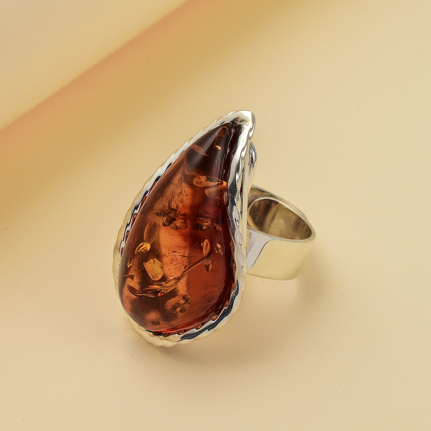 Amber Beads Adjustable Ring in Sterling Silver 40.00 Ct, Silver Wt 7.50 Gms