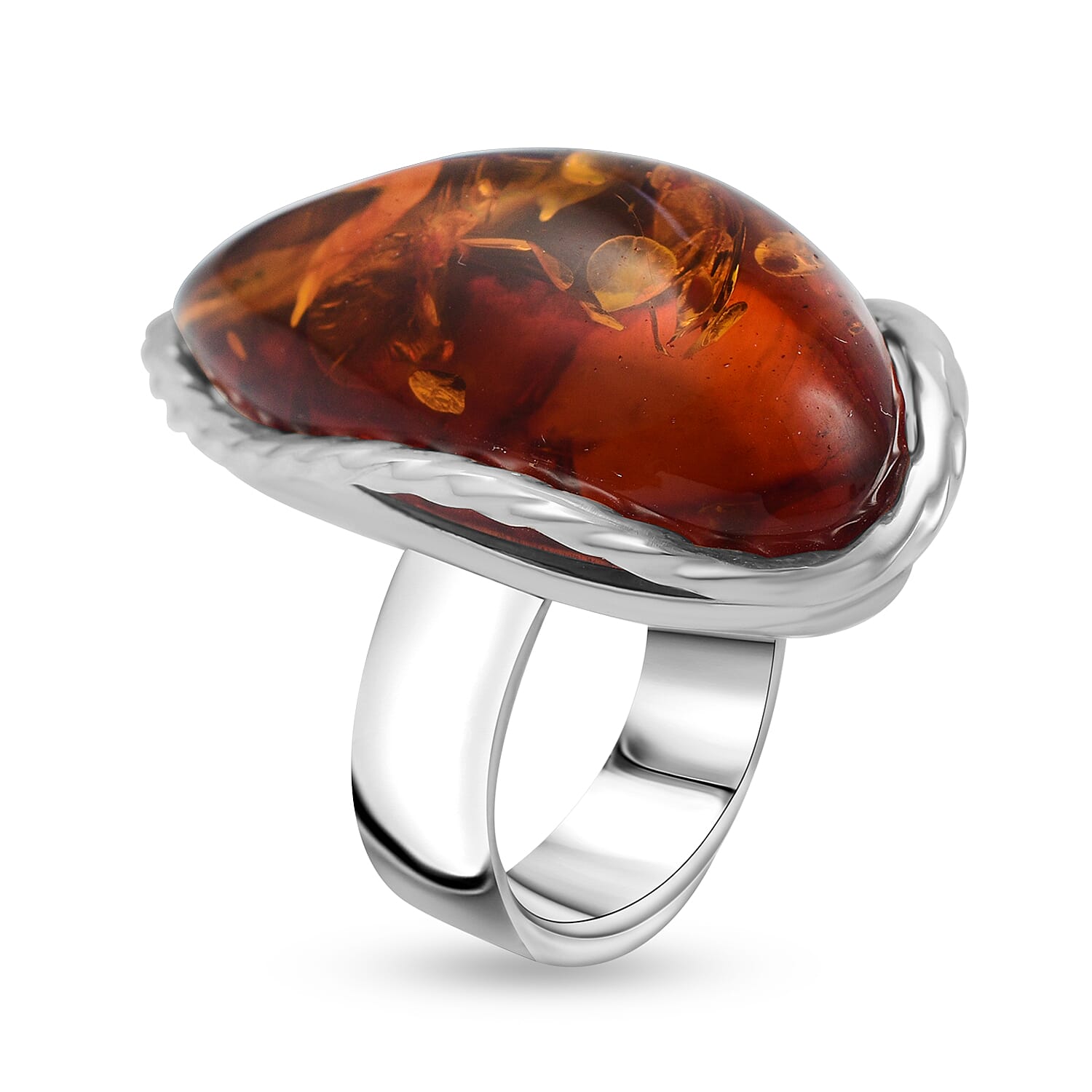 Amber Beads Adjustable Ring in Sterling Silver 40.00 Ct, Silver Wt 7.50 Gms